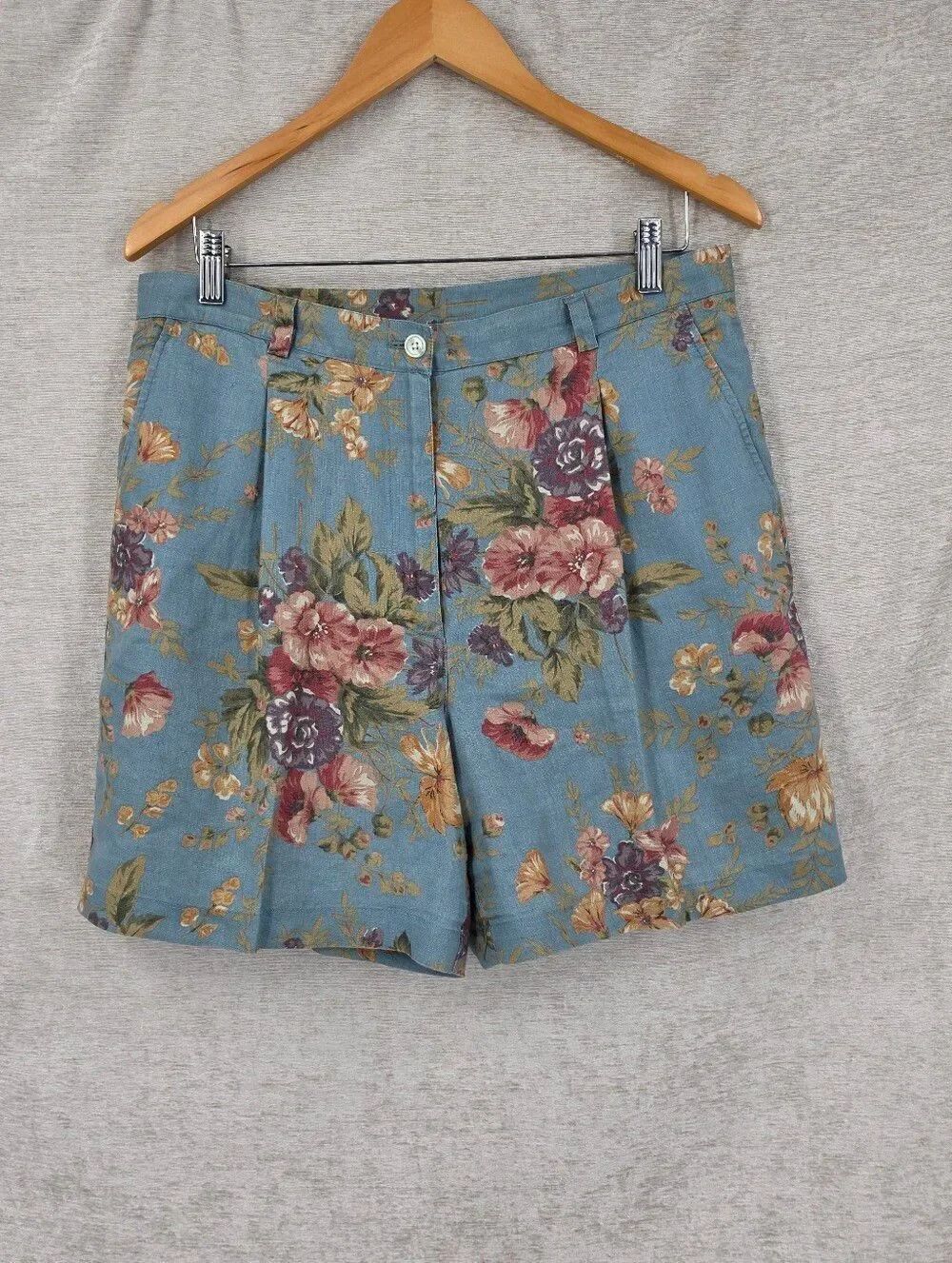 Linen Lauren Ralph Lauren Vintage Blue Floral Print High Waist Pleated Shorts